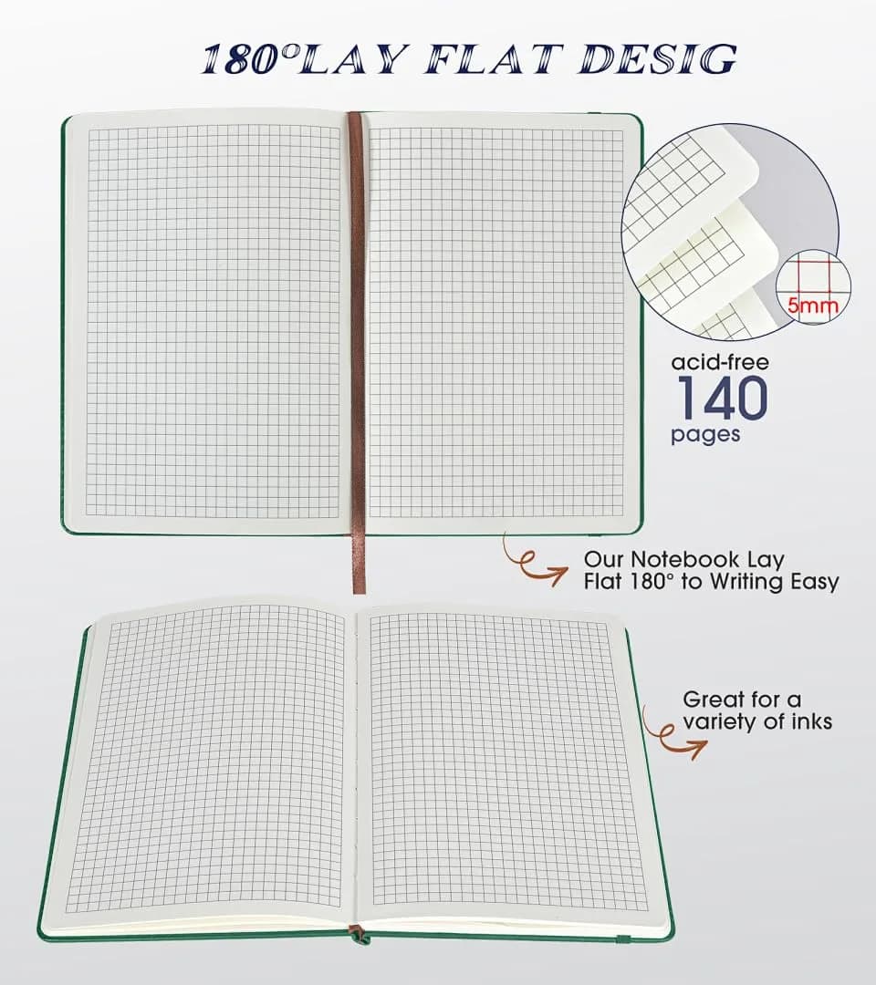 Biuwory Graph Paper Notebook Journal for Women Men, 140 Pages A5 (5.7"×8.3") Hardcover Leather-Look Grid Notebook - view 5