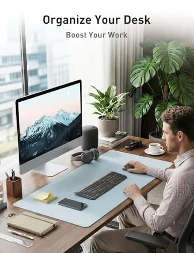 Aothia Faux Leather Desk Mat 55" x 17" (140cm x 43cm) | Baby Blue | Large Office Desk Pad thumbnail 3