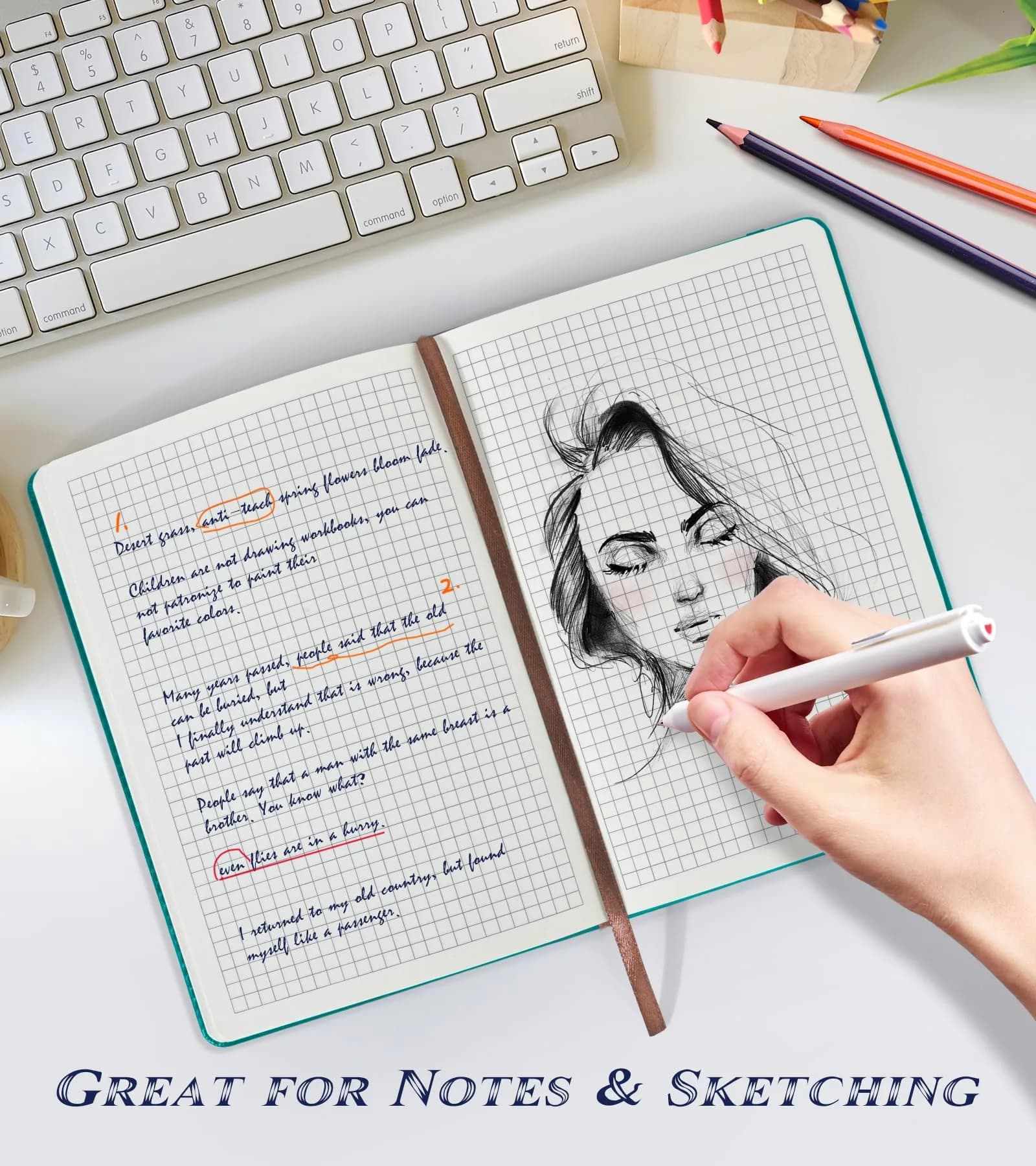 Biuwory A5 Grid Paper Notebook Journal for Women Men, 140 Pages Hardcover Leatherette, Blue | Acid-Free Paper Notebook - view 3
