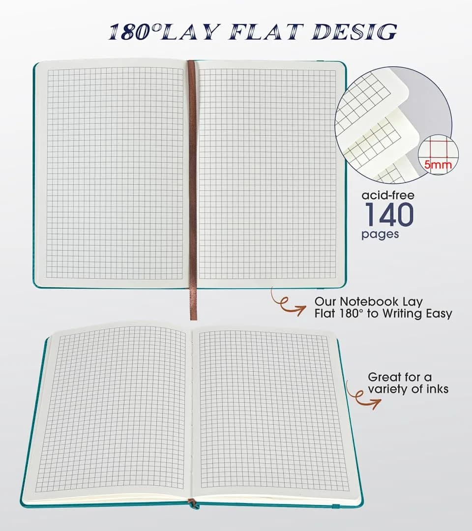 Biuwory A5 Grid Paper Notebook Journal for Women Men, 140 Pages Hardcover Leatherette, Blue | Acid-Free Paper Notebook - view 5