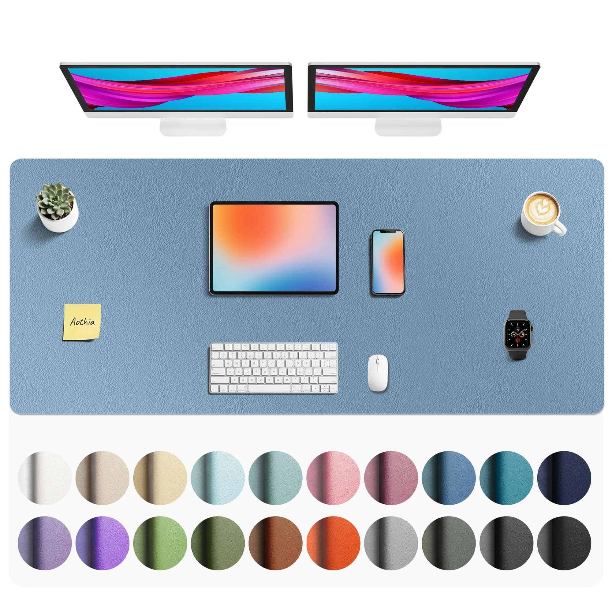 Aothia Faux Leather Desk Mat Large Waterproof Writing Surface with Non-Slip PU Leather for Office & Home, Denim Blue (55" x 24") - main product image