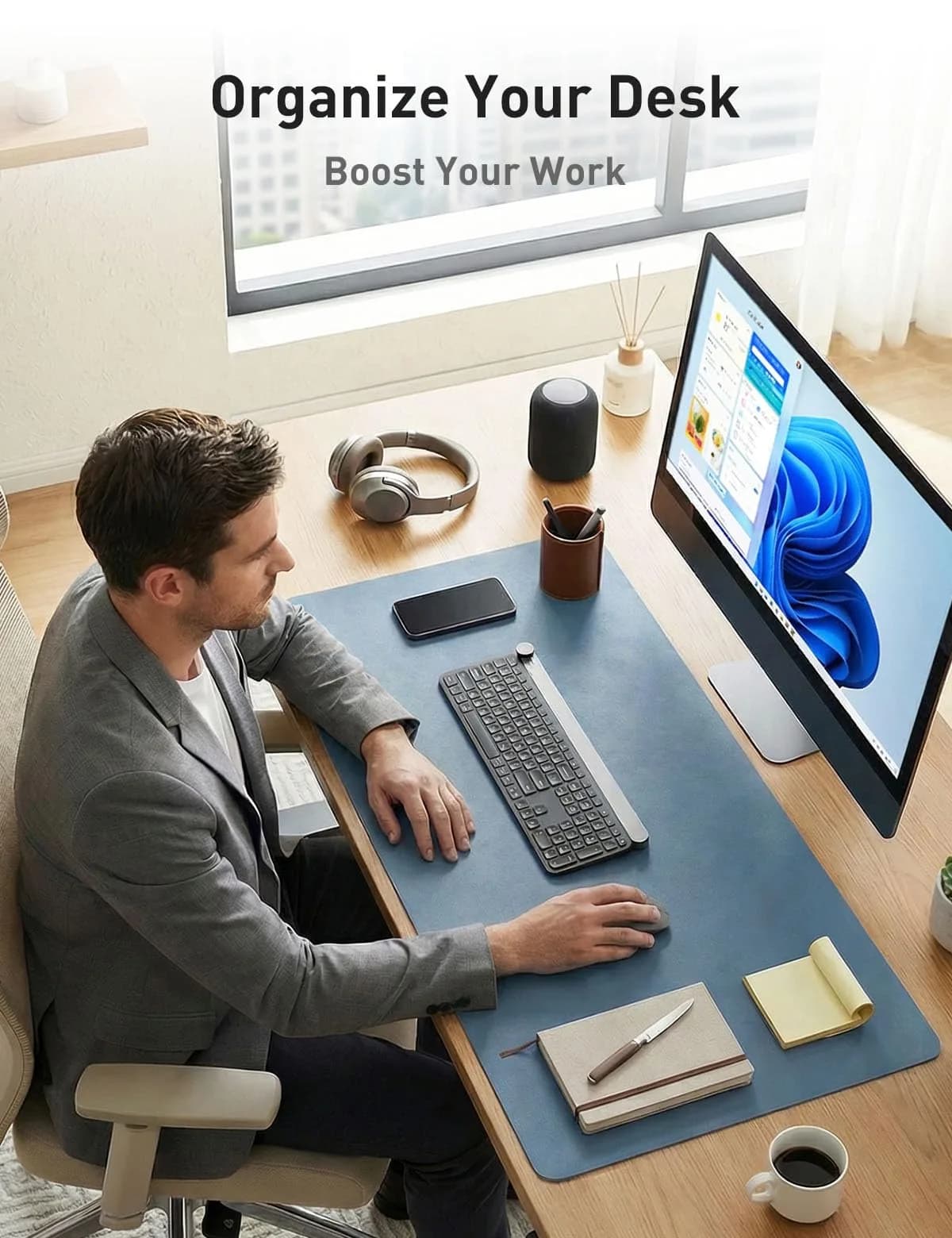 Aothia Faux Leather Desk Mat Large Waterproof Writing Surface with Non-Slip PU Leather for Office & Home, Denim Blue (55" x 24") - view 4