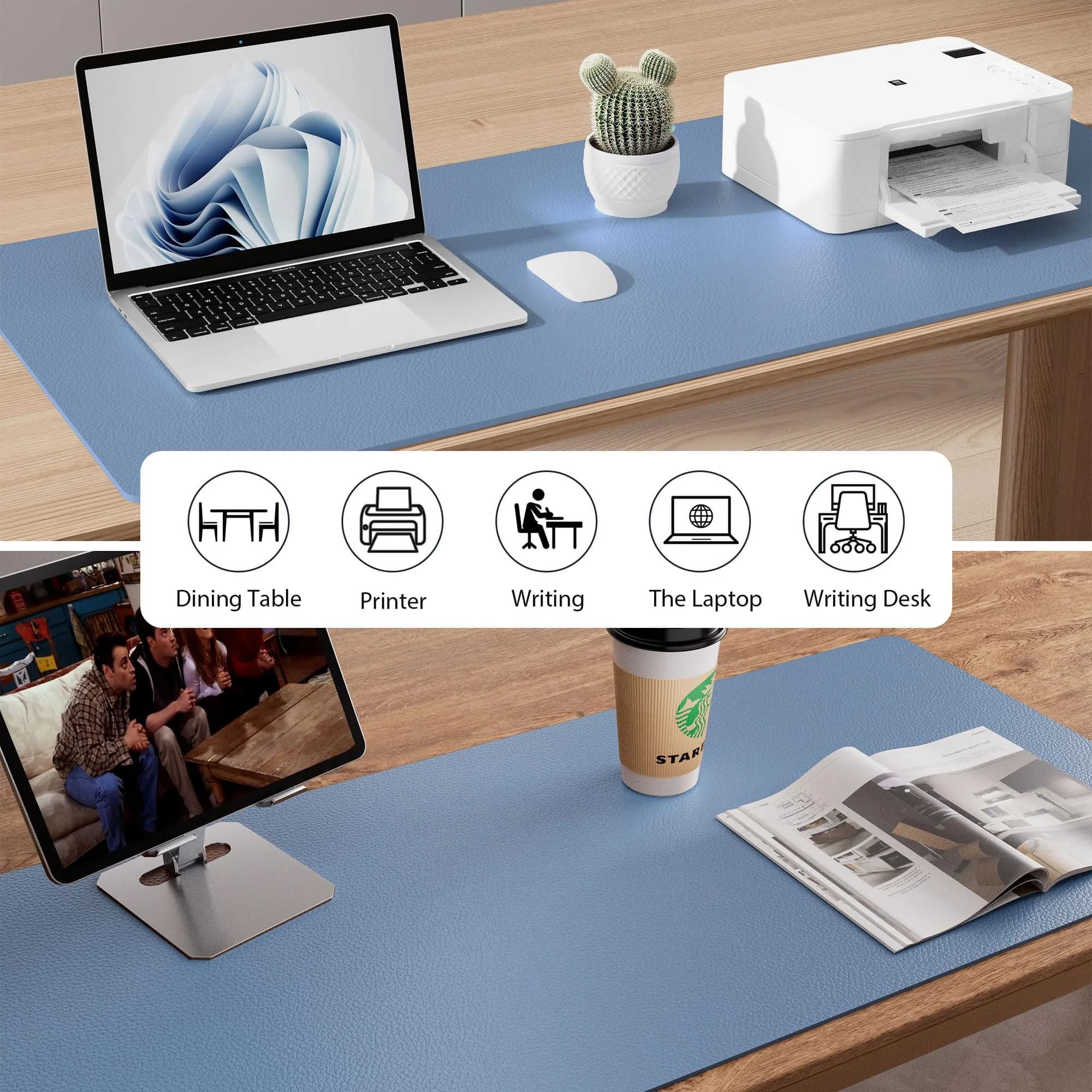 Aothia Faux Leather Desk Mat Large Waterproof Writing Surface with Non-Slip PU Leather for Office & Home, Denim Blue (55" x 24") - view 6