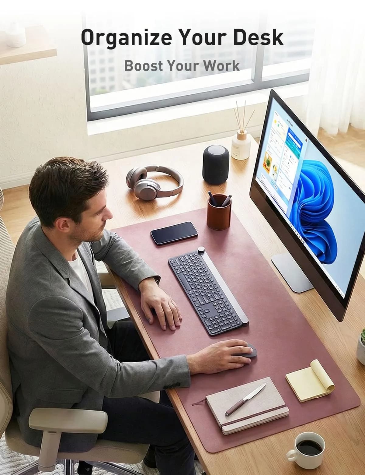 Aothia Faux Leather Desk Mat Dark Pink 140cm (55") x 43cm (17") | Smooth Writing Surface for Office & Home - view 3