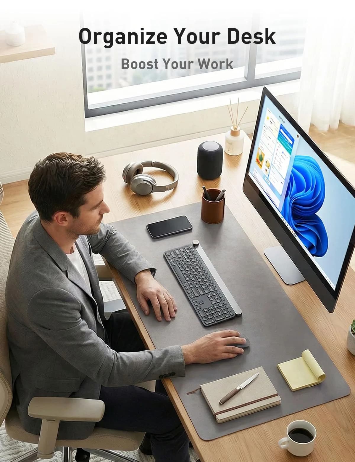 Aothia Faux Leather Desk Mat Light Grey 55" x 24" | Protects Your Desk with Professional Style - view 3