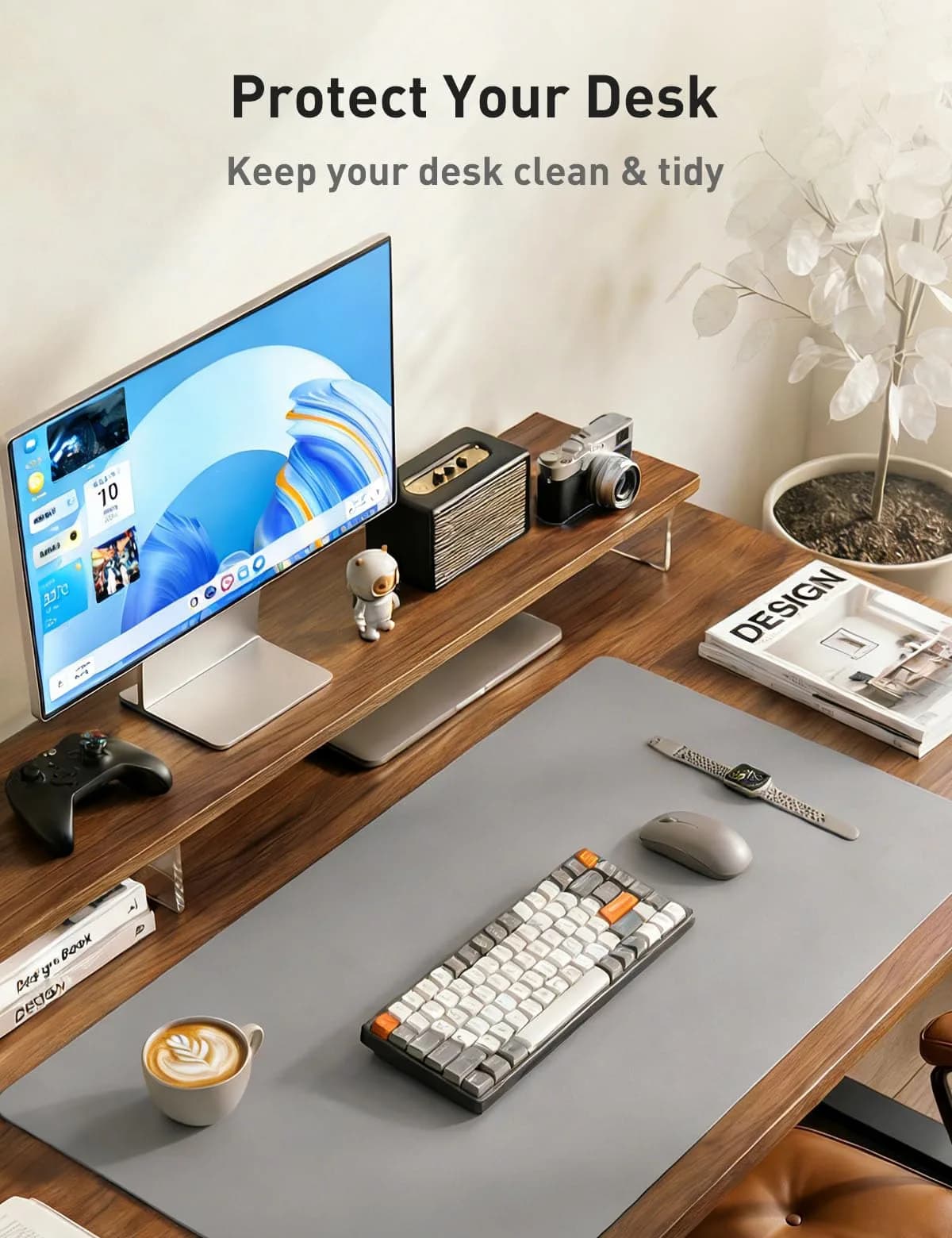 Aothia Faux Leather Desk Mat Light Grey 55" x 24" | Protects Your Desk with Professional Style - view 9