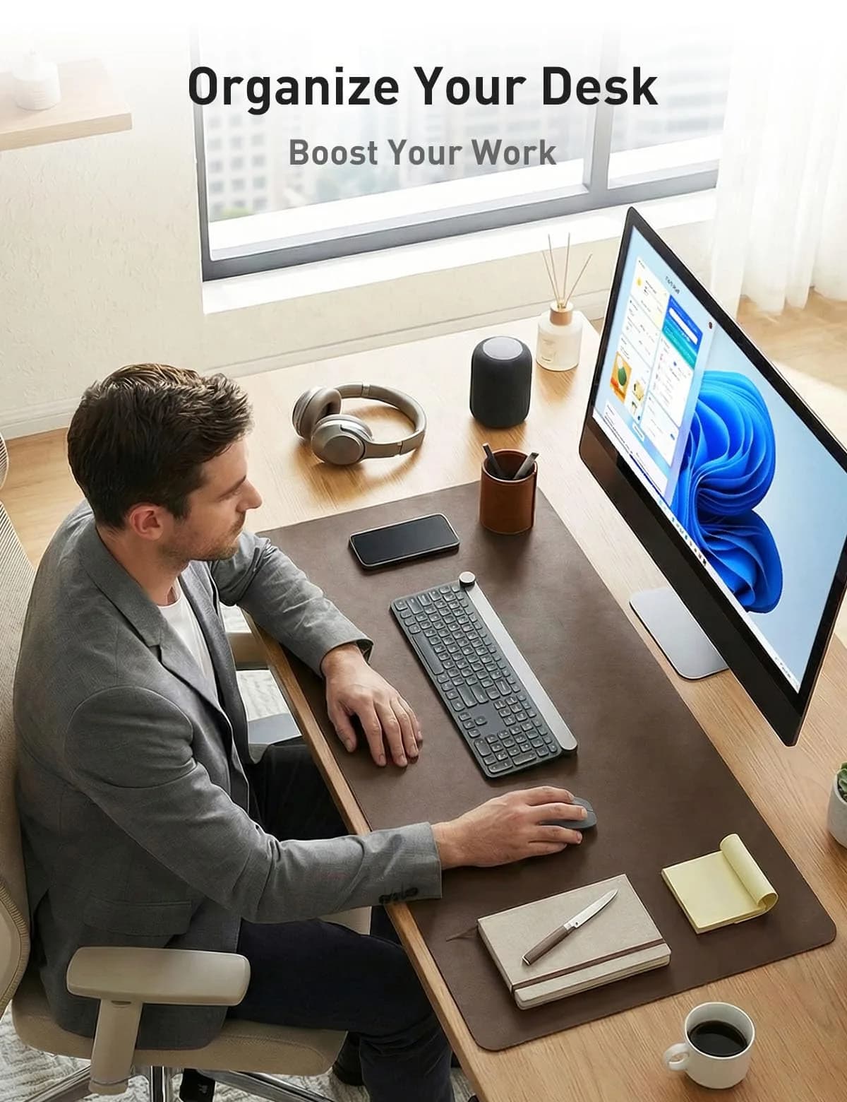 Aothia Faux Leather Desk Mat - Large 55" x 24" PU Leather Blotter | Waterproof Writing Surface for Office & Home - view 3