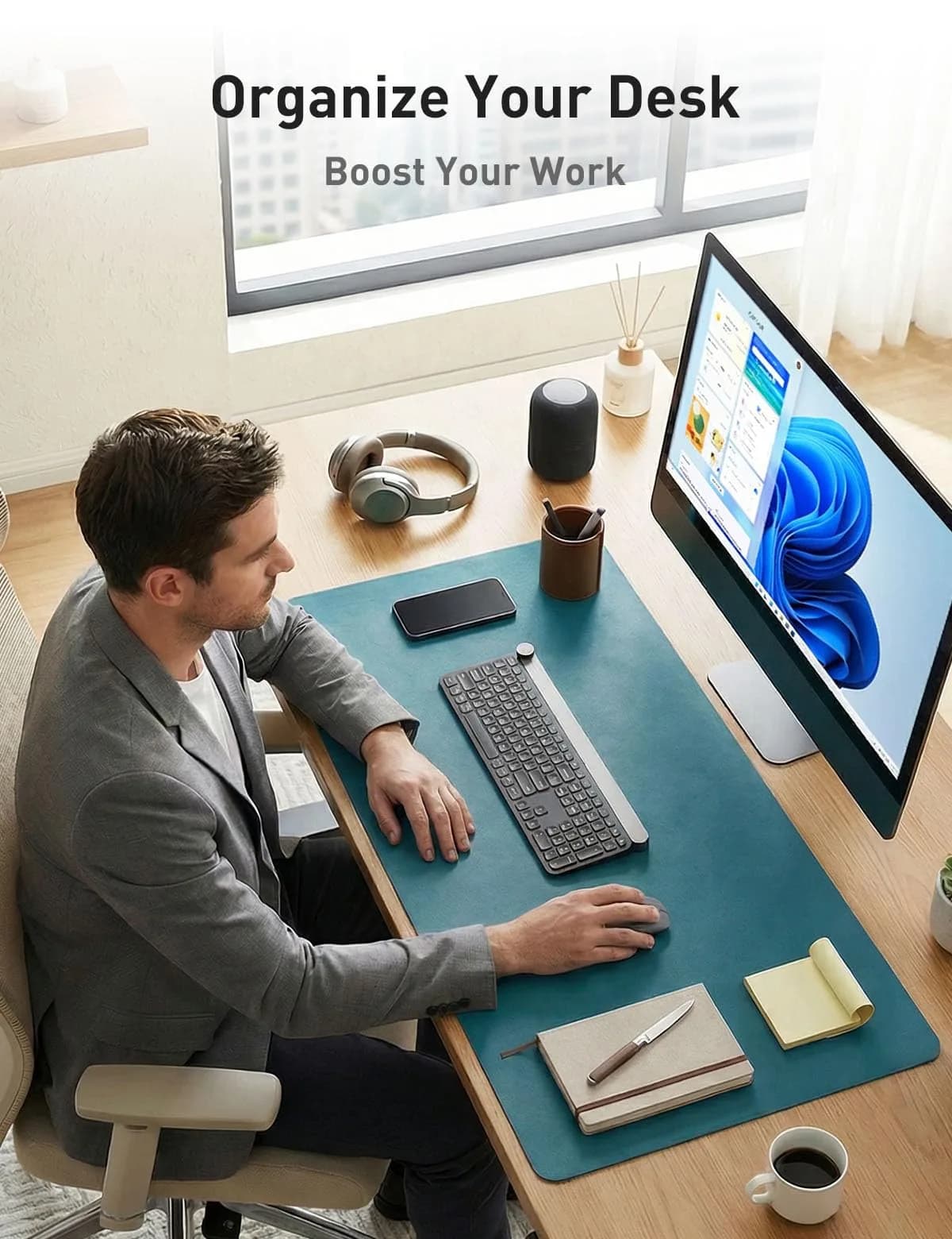 Aothia Faux Leather Desk Mat - Non-Slip PU Leather Desk Blotter, Waterproof Writing Surface, Large Desk Pad for Office & Home (Turquoise, 140cm x 43cm) - view 3