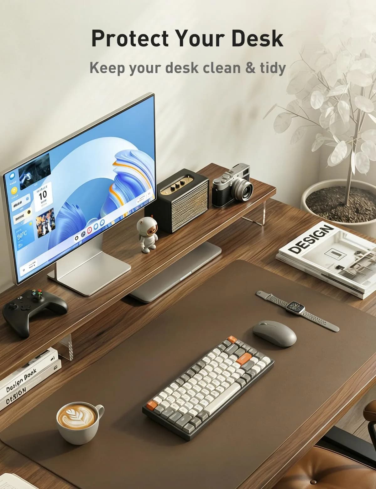 Aothia Faux Leather Desk Mat Coffee 55" x 17" | Protects Desk from Scratches and Spills - view 8