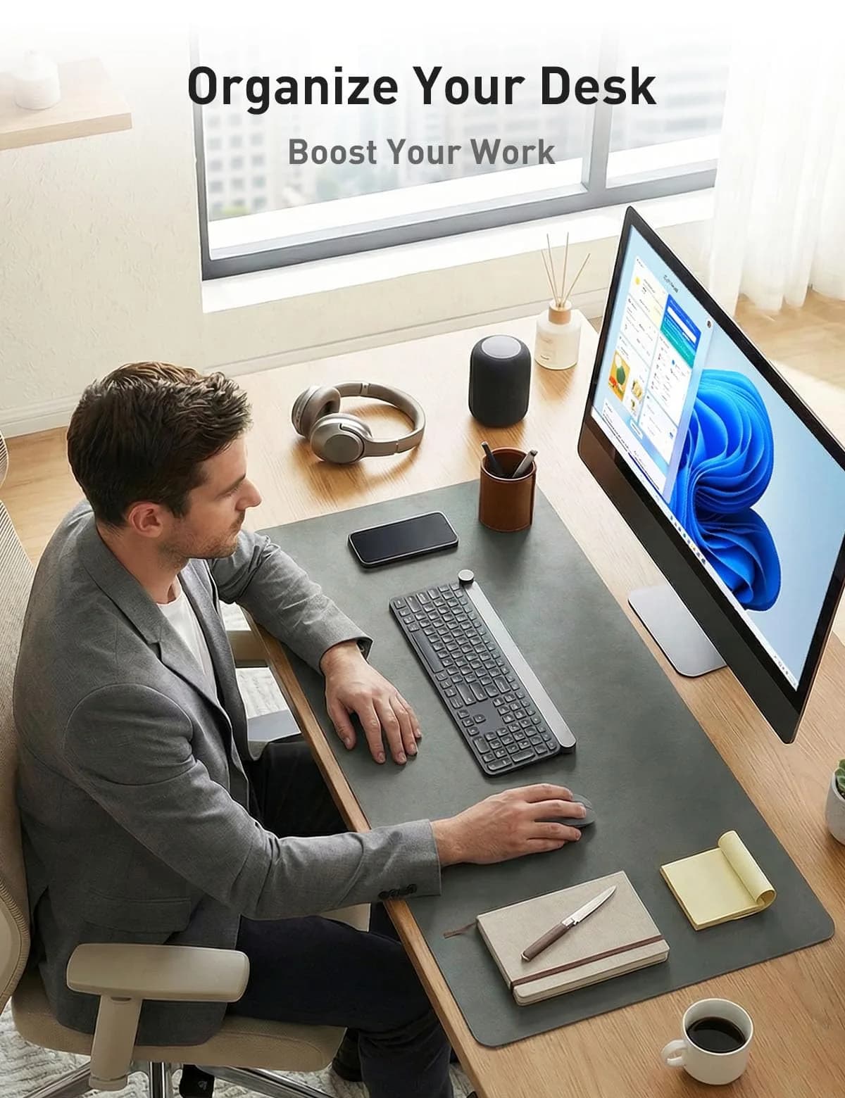 Aothia Faux Leather Desk Mat Jungle Green 55" x 17" | Protects Your Desk with Style - view 3