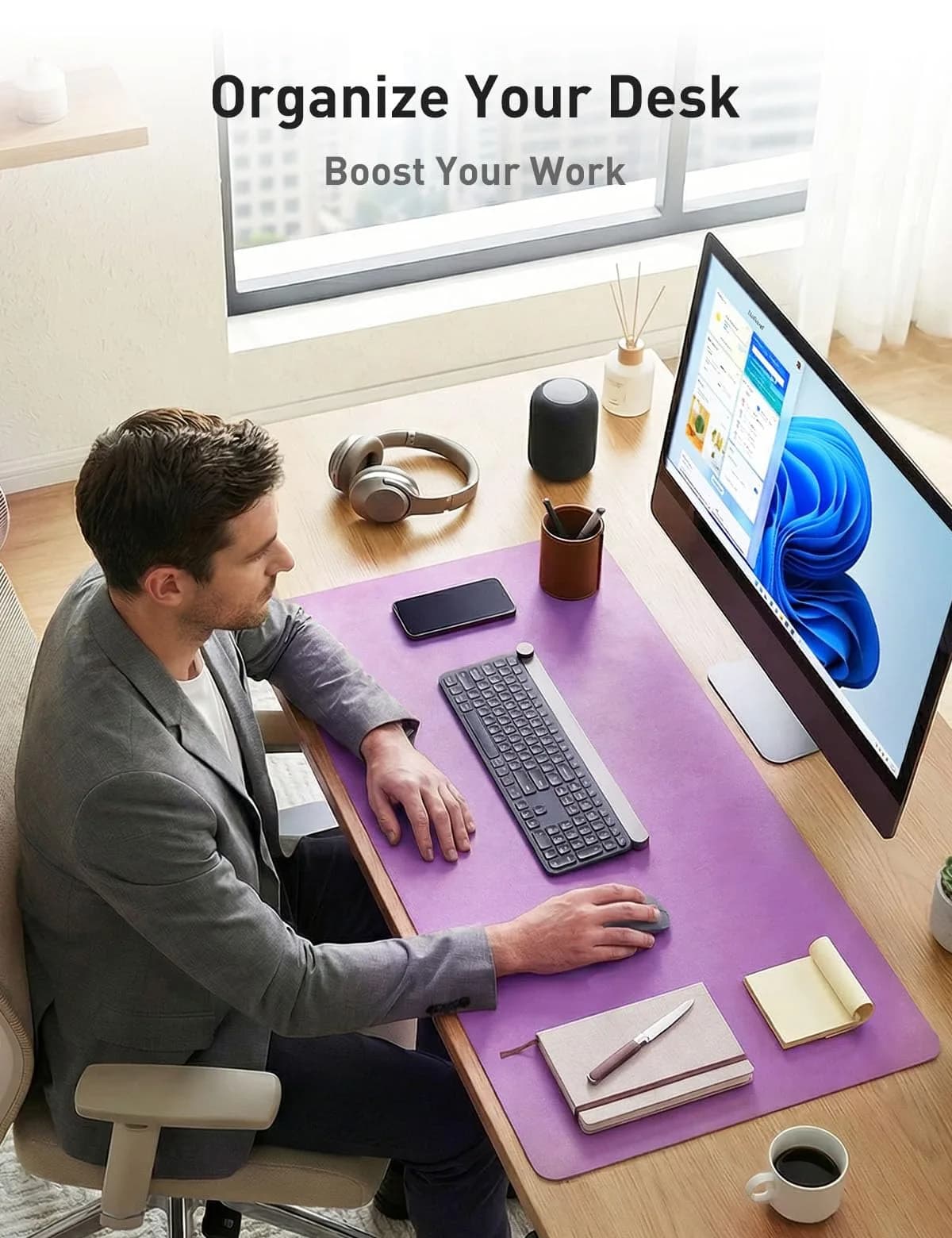 Aothia Faux Leather Desk Mat - Iris Violet 140cm x 43cm (55" x 17") | Protects Desks from Scratches, Spills, and Heat - view 3