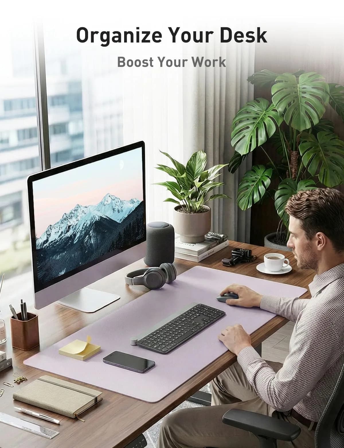 Aothia Faux Leather Desk Mat - Soft Lavender XL (55" x 24") | Protects Desk, Doubles as Large Mouse Pad - view 3