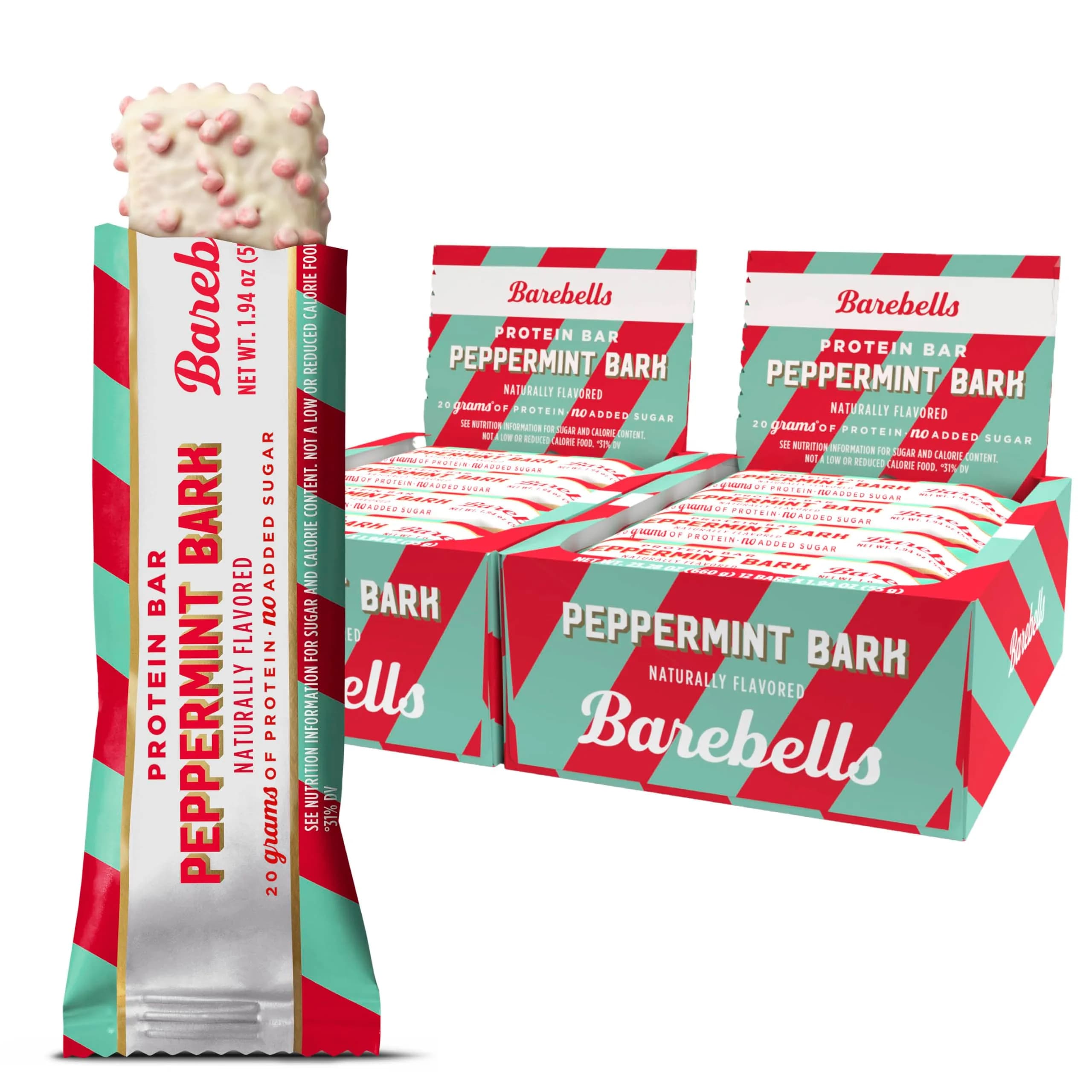 BAREBELLS Peppermint Bark Protein Bars 24 Count Snack Food Bar | Festive Limited Edition Imported Snack - main product image
