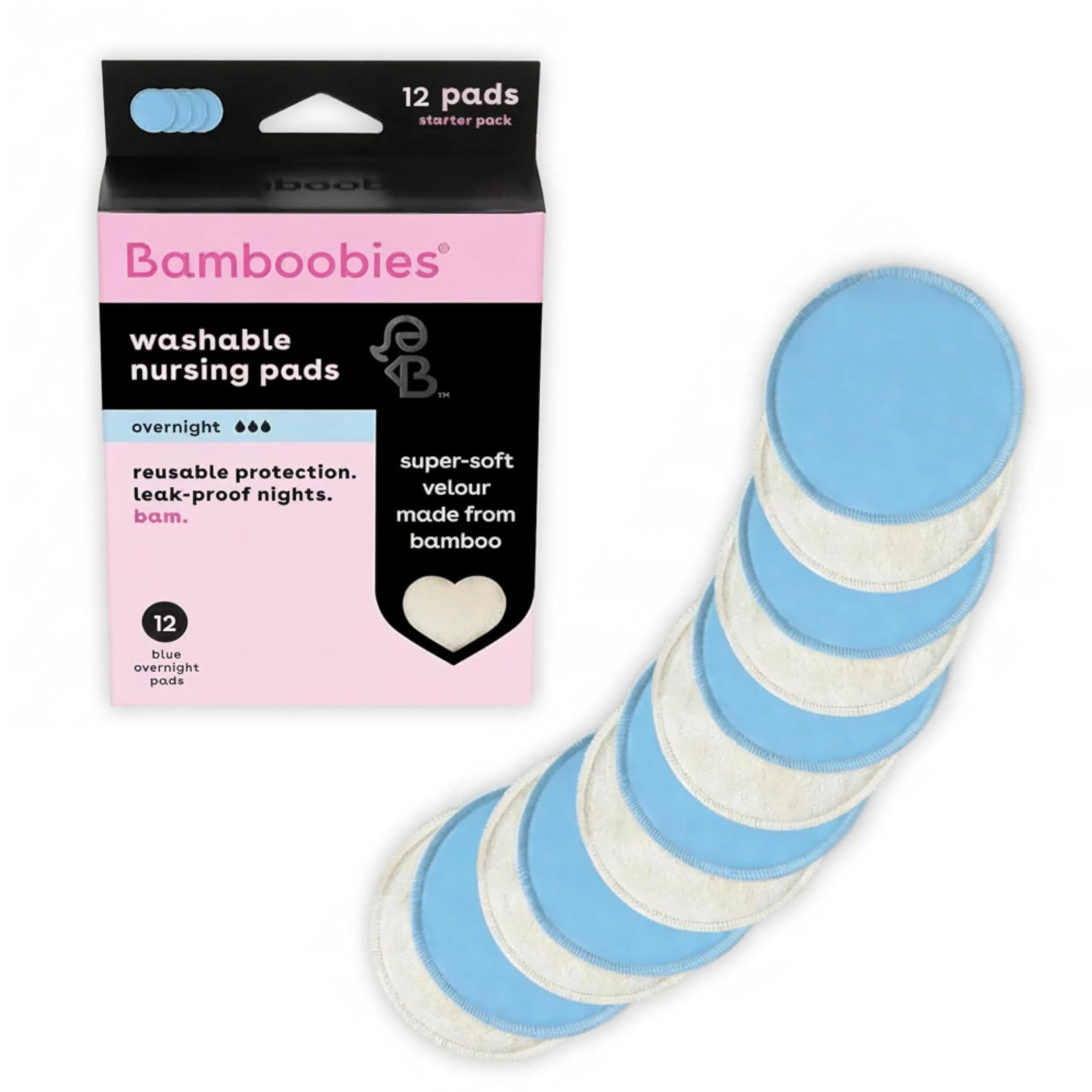 Bamboobies Soft Reusable Overnight Nursing Pads 12 Count | Ultra-Soft Velour Overnight Nursing Pads — 12 Pads