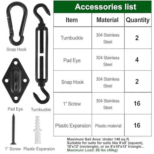 YOFIT Black 40 Pcs 5 Inch Shade Sail Hardware Kit with Turnbuckles | Heavy-Duty 304 Stainless Steel for Outdoor Patio Canopy Installation thumbnail 5