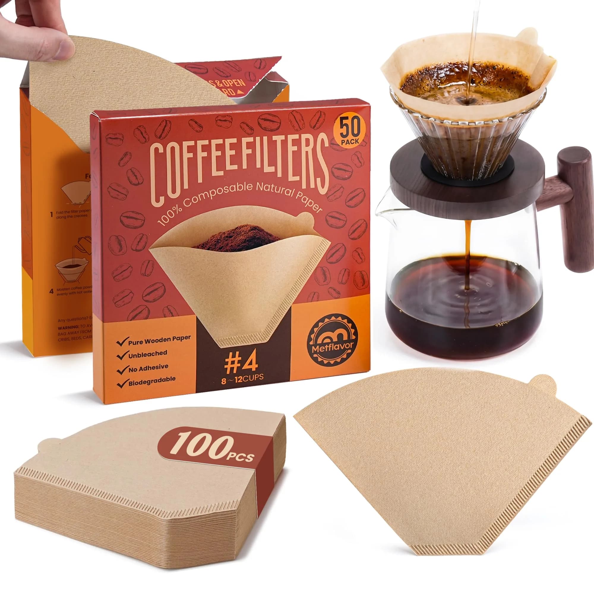Metflavor #4 Coffee Filters 100 Count | Unbleached Cone Filters for 8-12 Cup Coffee