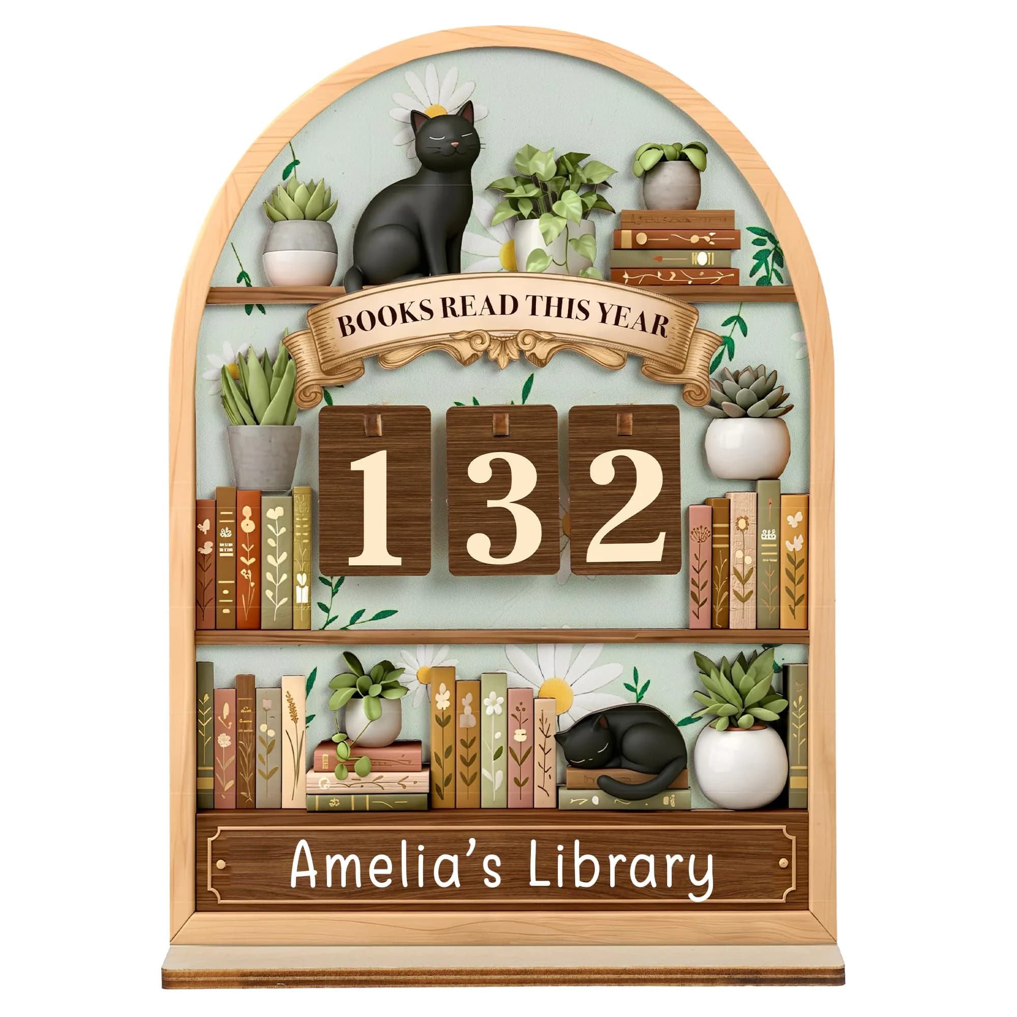 DINIZON Books Read This Year Counter, Wooden Book Tracker 7 X 6 Inch | Personalize With Name — Black Cat