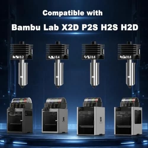 HIKUDIY 4PCS 0.2/0.4/0.6/0.8mm Hardened Steel Hotend Kit for Bambu Lab X2D/P2S/H2S/H2D/A1/A1 Mini | Precision Extrusion for 1.75mm Filament thumbnail 8