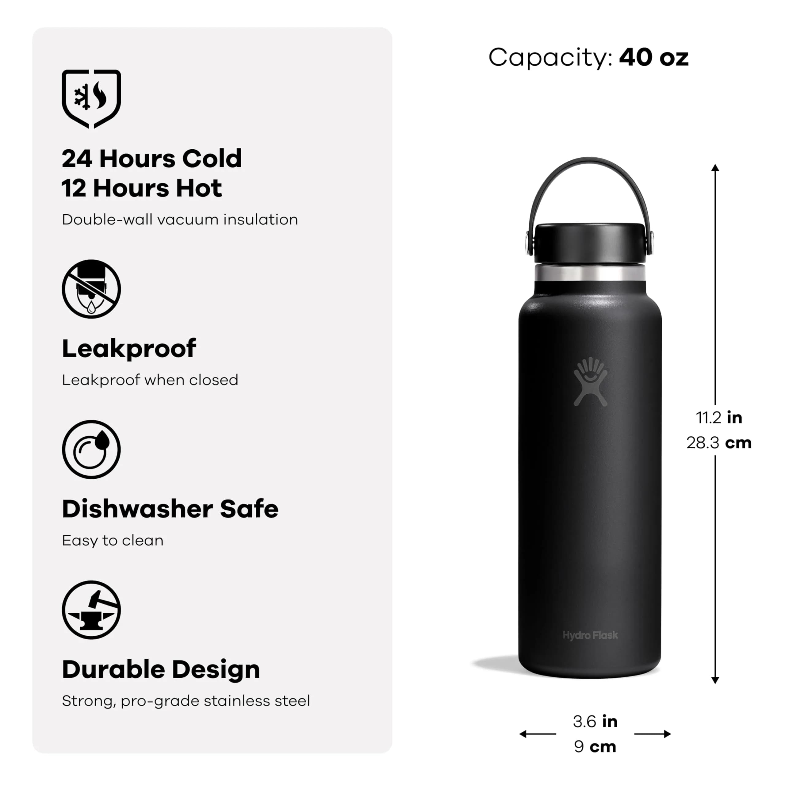 Hydro Flask 40 Oz Tonal White Wide Mouth Water Bottle | Insulated Stainless Steel, Cold 24 Hrs, Hot 12 Hrs - view 3