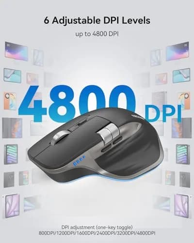 TECKNET Wireless Mouse, 3-Device Bluetooth Rechargeable Ergonomic Optical Mouse with Side Scroll & 6-Level DPI, Grey thumbnail 4