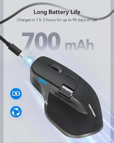 TECKNET Wireless Mouse, 3-Device Bluetooth Rechargeable Ergonomic Optical Mouse with Side Scroll & 6-Level DPI, Grey thumbnail 6