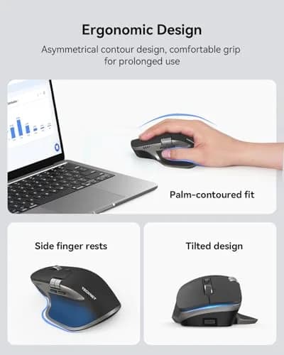 TECKNET Wireless Mouse, 3-Device Bluetooth Rechargeable Ergonomic Optical Mouse with Side Scroll & 6-Level DPI, Grey thumbnail 8
