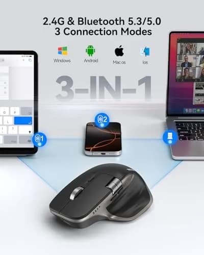 TECKNET Wireless Mouse, 3-Device Bluetooth Rechargeable Ergonomic Optical Mouse with Side Scroll & 6-Level DPI, Grey thumbnail 2