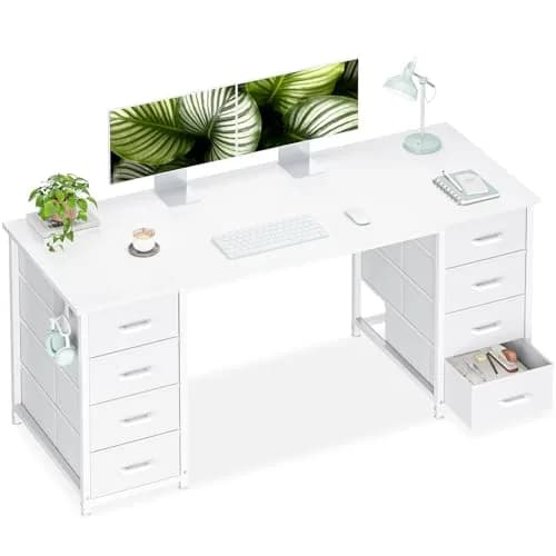 Casaottima 55 Inches Computer Desk with 8 Fabric Drawers | Modern Office Storage in White thumbnail 1