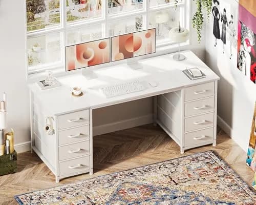 Casaottima 55 Inches Computer Desk with 8 Fabric Drawers | Modern Office Storage in White thumbnail 6
