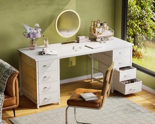 Casaottima 55 Inches Computer Desk with 8 Fabric Drawers | Modern Office Storage in White thumbnail 7