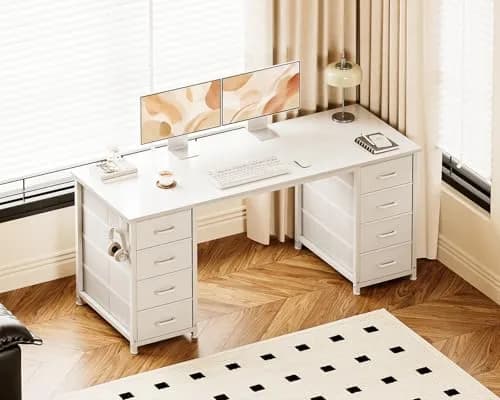Casaottima 55 Inches Computer Desk with 8 Fabric Drawers | Modern Office Storage in White thumbnail 2