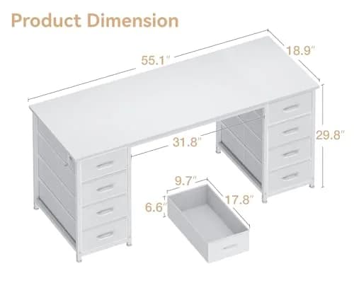 Casaottima 55 Inches Computer Desk with 8 Fabric Drawers | Modern Office Storage in White thumbnail 3