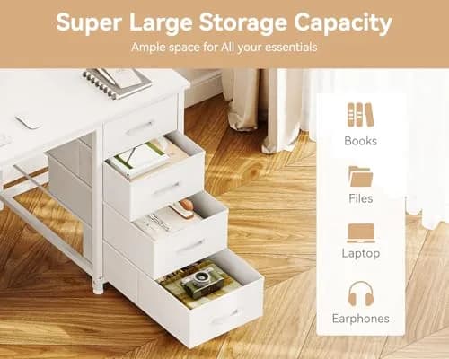 Casaottima 55 Inches Computer Desk with 8 Fabric Drawers | Modern Office Storage in White thumbnail 4