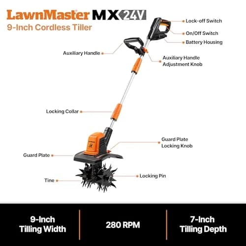 LawnMaster 24V MAX 9” Cordless Tiller – CLTE2409 | Compact, Cordless Garden Tiller for Small to Medium Gardens thumbnail 2