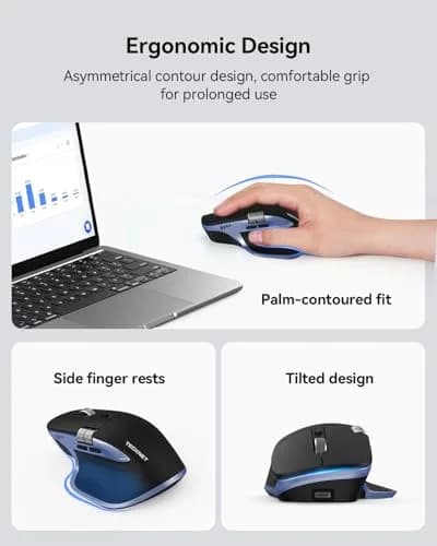 TECKNET Wireless Mouse, 3-Device Bluetooth Rechargeable, Side Scroll, Black & Blue | 6-Level DPI Optical Mouse thumbnail 8