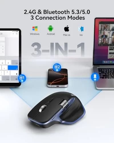 TECKNET Wireless Mouse, 3-Device Bluetooth Rechargeable, Side Scroll, Black & Blue | 6-Level DPI Optical Mouse thumbnail 2