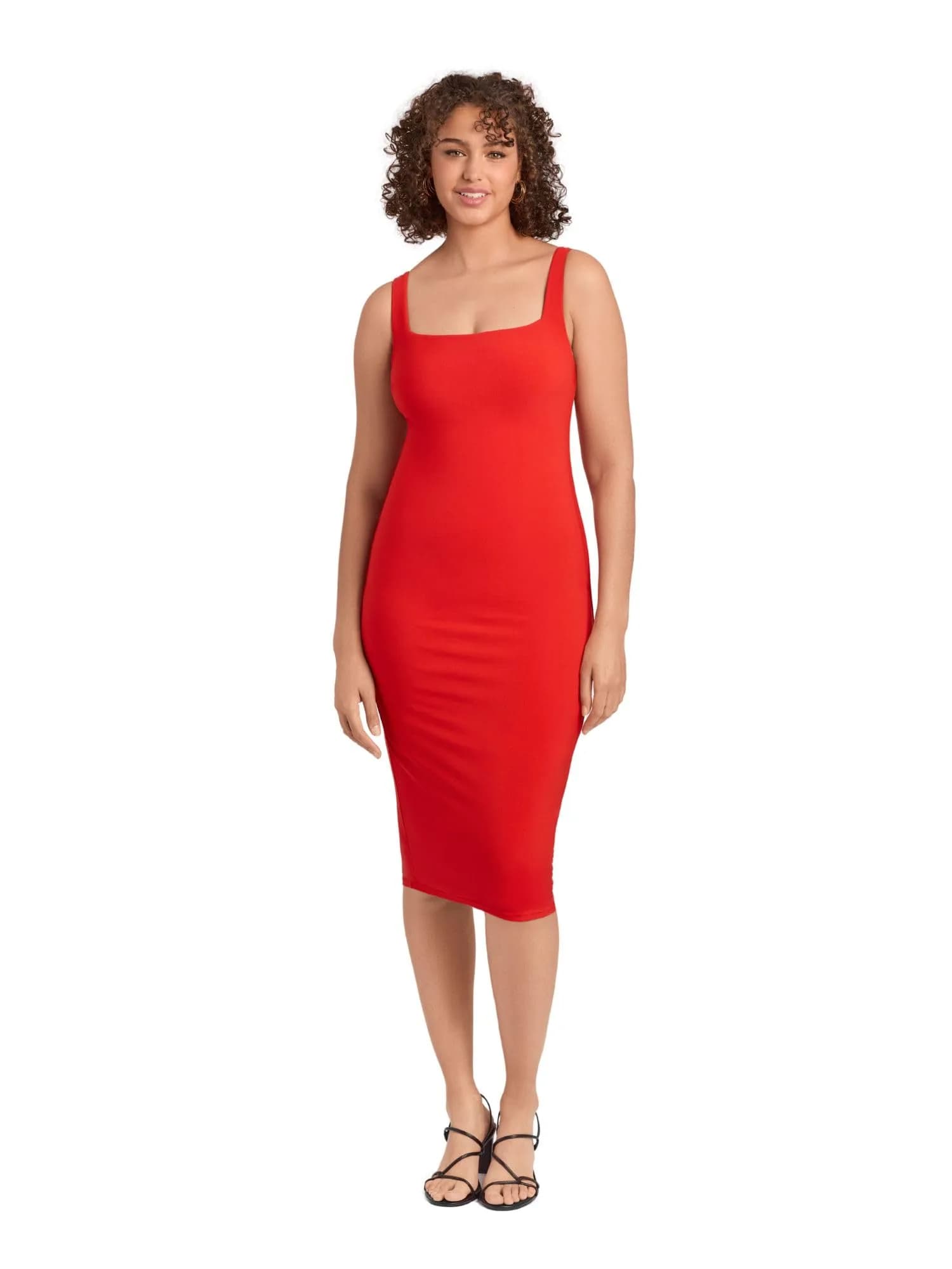 S3 Apparel Womens Square Neck Tank Midi Dress with Built-in Shapewear, Scarlet, Large | Curves Support & Comfort — Scarlet
