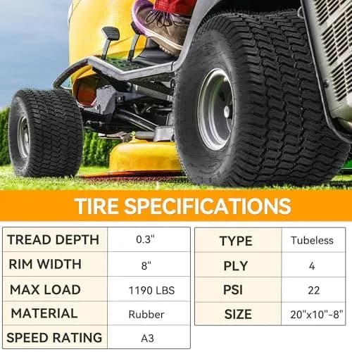 YINTATECH 20x10-8 Lawn Mower Tires, 4PR/Ply Tubeless Tractor Turf Tire thumbnail 4