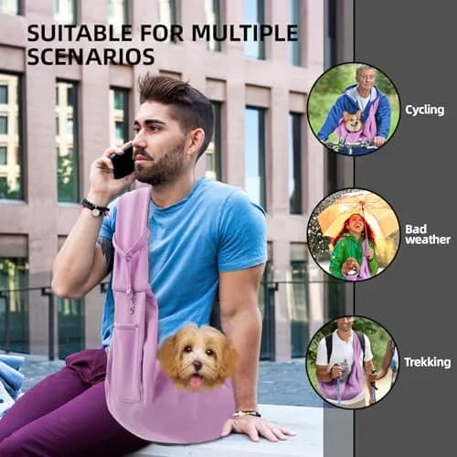 ARZQUT Dog and Cats Carrier Sling | Small Pet Carrier with Storage Pocket, Reversible, Hand-Free, 21x12 inches, Purple thumbnail 2