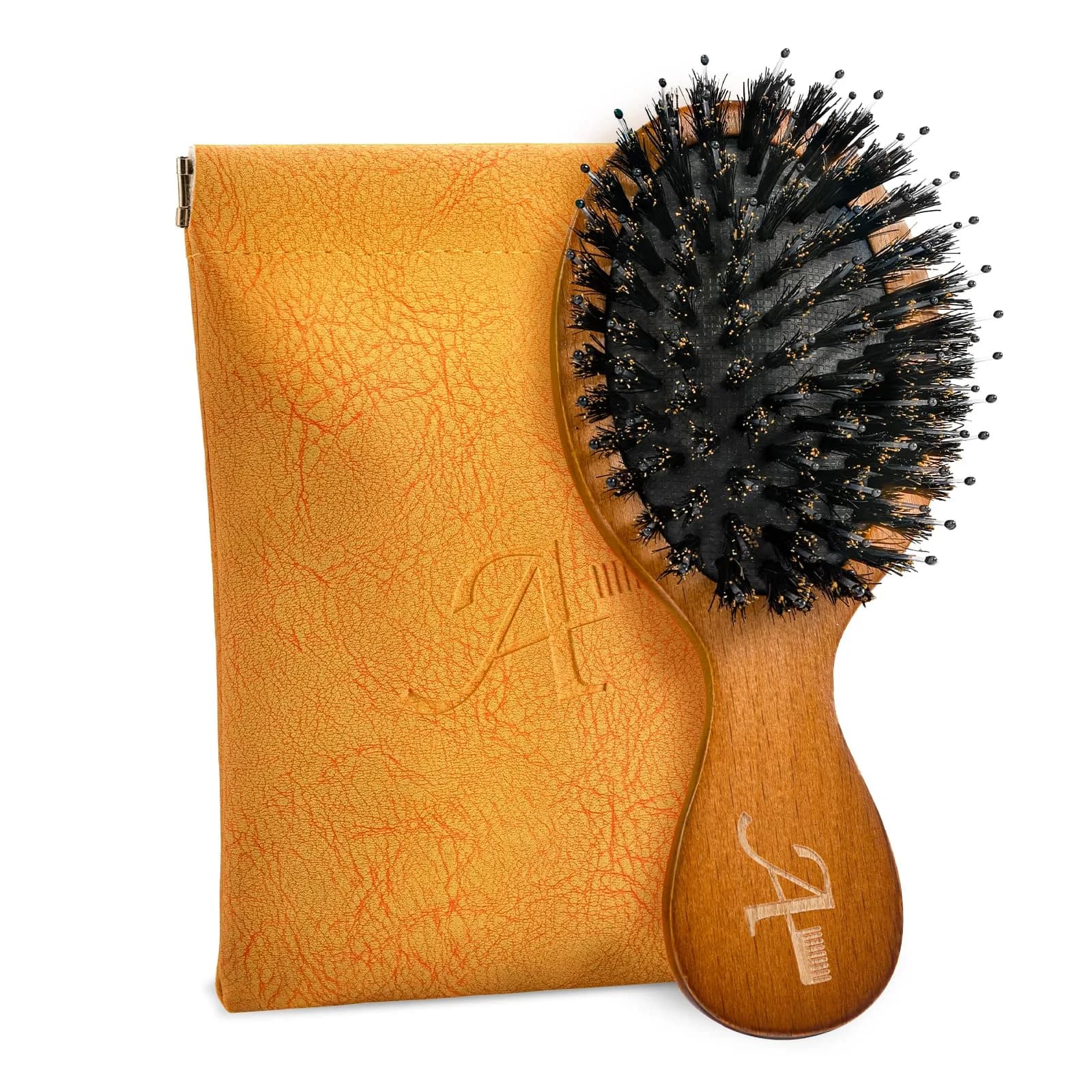 Ancable Wood Mini Round Folding Hair Brush with Boar Bristles & Nylon Pins, 1 Count - main product image