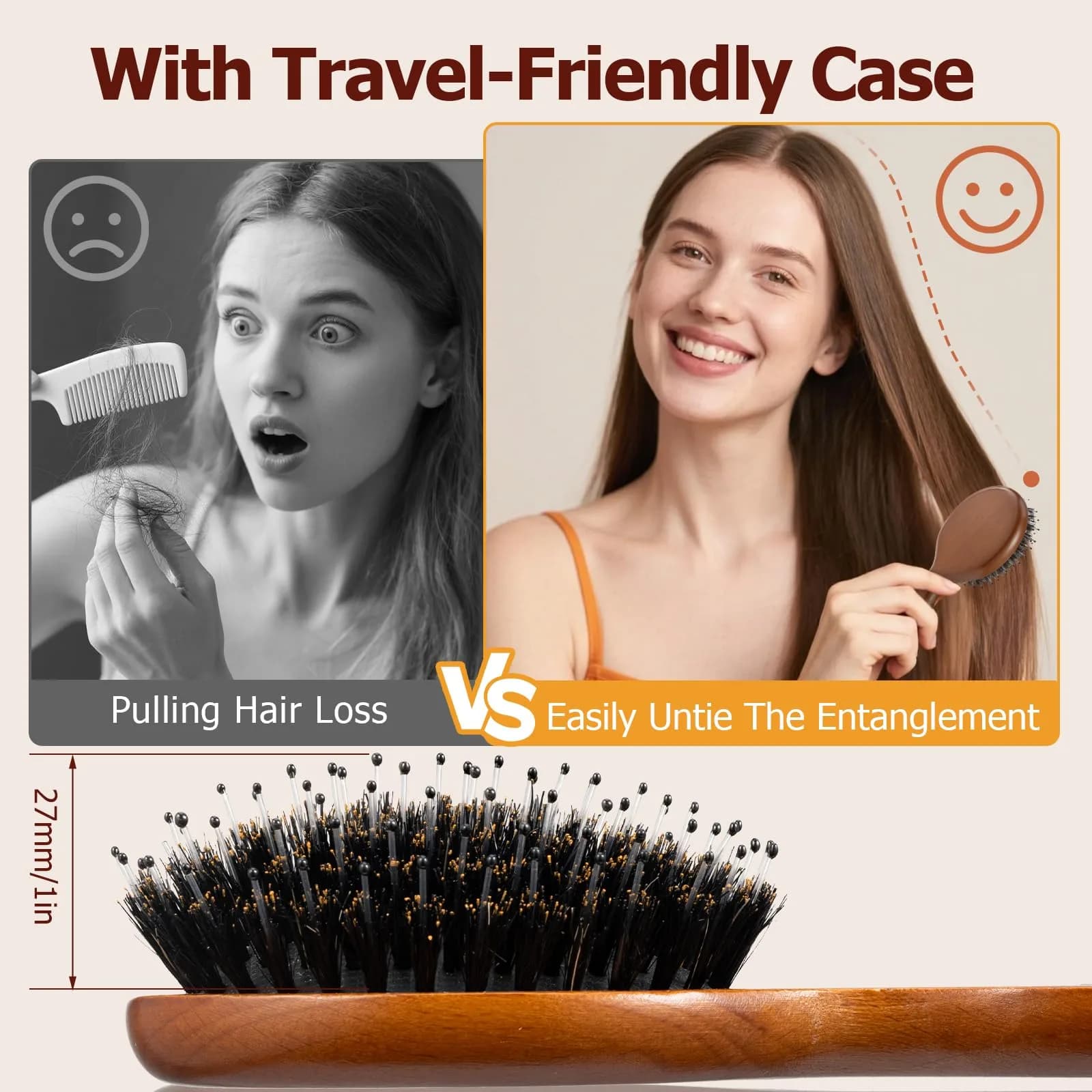 Ancable Wood Mini Round Folding Hair Brush with Boar Bristles & Nylon Pins, 1 Count - view 4