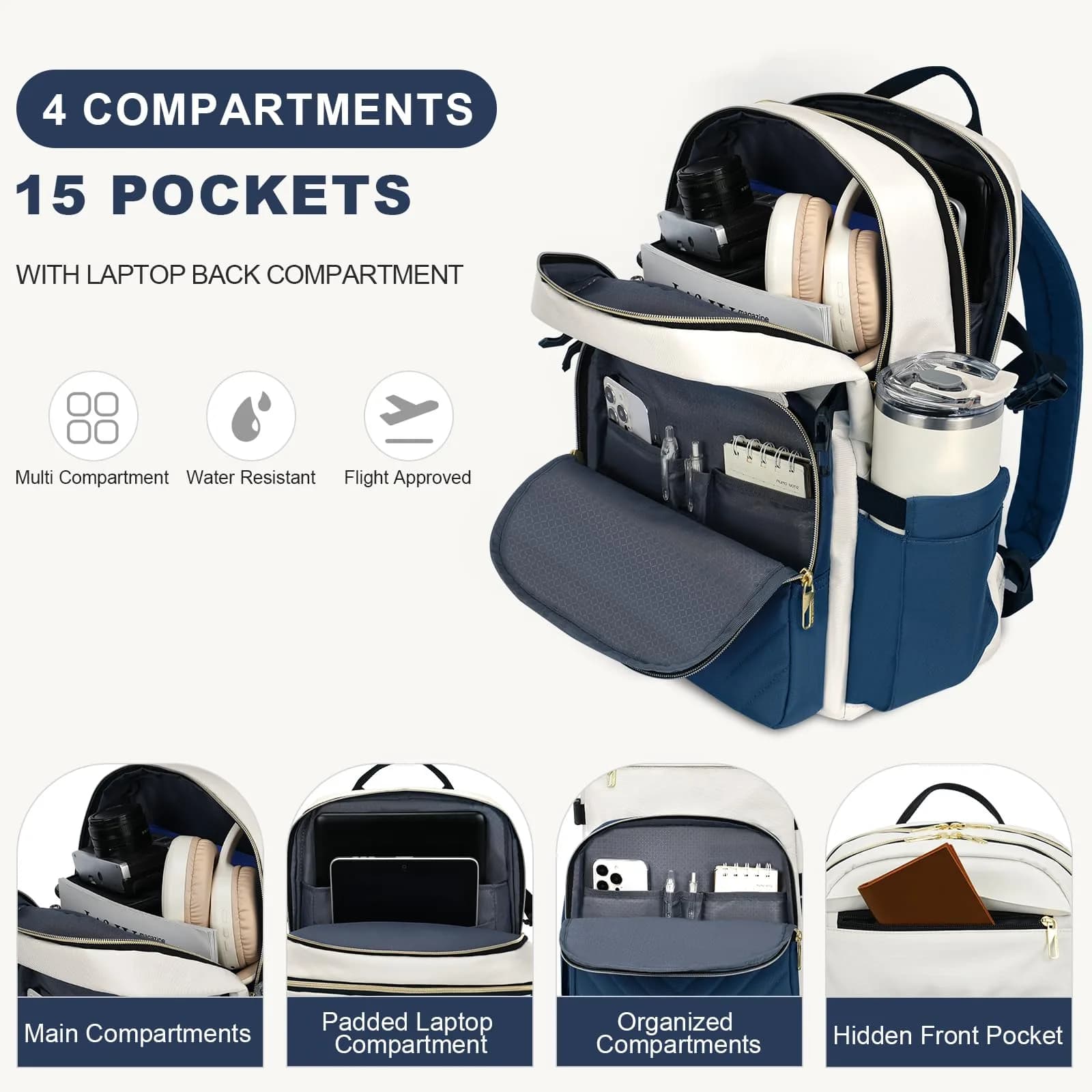 VANKEAN 15.6 Inch Laptop Backpack for Women Large Capacity 32cm (12.6in) W x 43cm (16.9in) H x 20cm (7.9in) D | Water-Resistant Travel & College Daypack - view 3