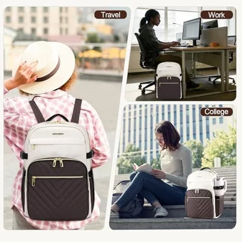 VANKEAN 15.6 Inch Laptop Backpack for Women Large Capacity Beige-coffee | Water Resistant Travel Bag thumbnail 6