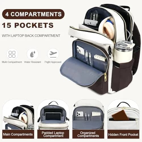 VANKEAN 15.6 Inch Laptop Backpack for Women Large Capacity Beige-coffee | Water Resistant Travel Bag thumbnail 3