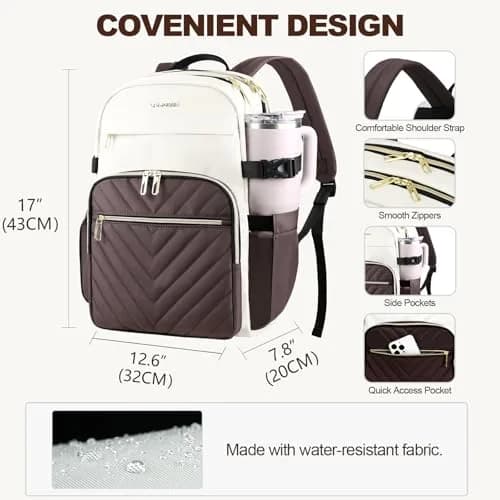 VANKEAN 15.6 Inch Laptop Backpack for Women Large Capacity Beige-coffee | Water Resistant Travel Bag thumbnail 4