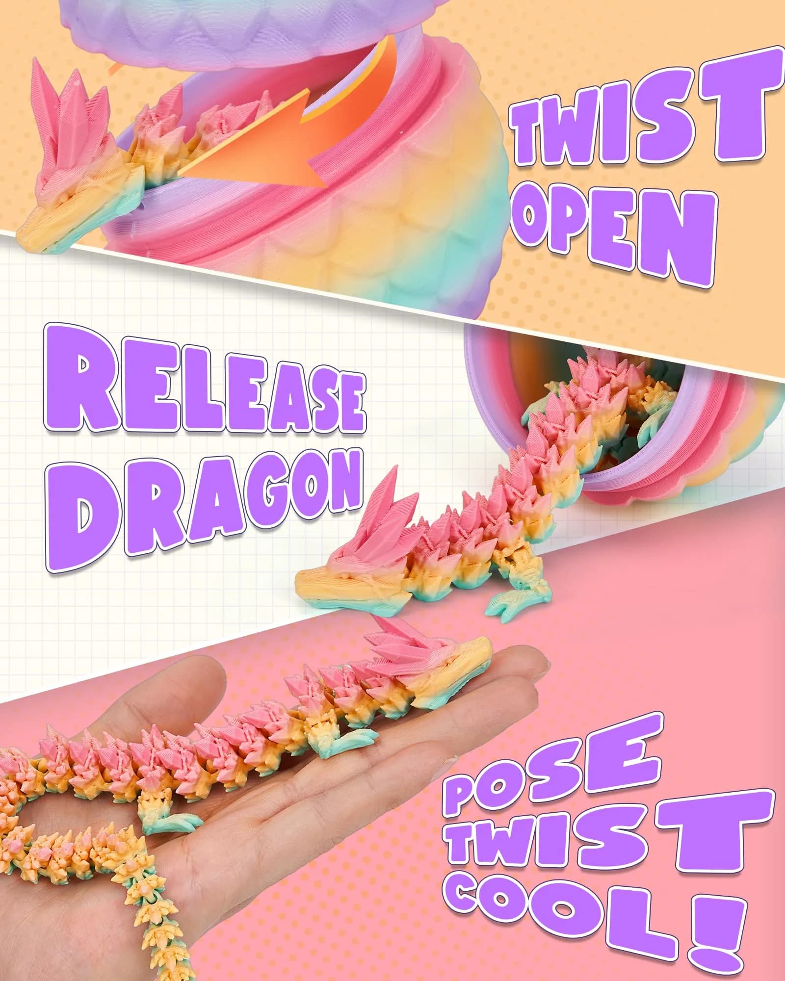 TBOLINE 3D Printed Dragon Egg with Articulated Crystal Dragon Toy, 12-inch Dragon Inside, Random Matte Candy Color - view 4