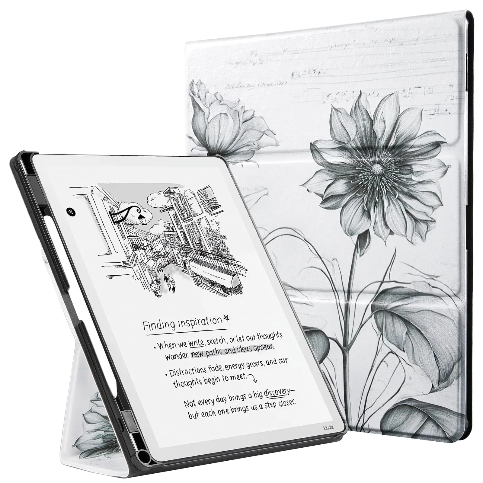 CoBak Case for 11" Kindle Scribe 3rd Gen 2025 Colorsoft | Sketch Sunflower PU Leather Folio with Pen Holder & Stand — *Sketch Sunflower