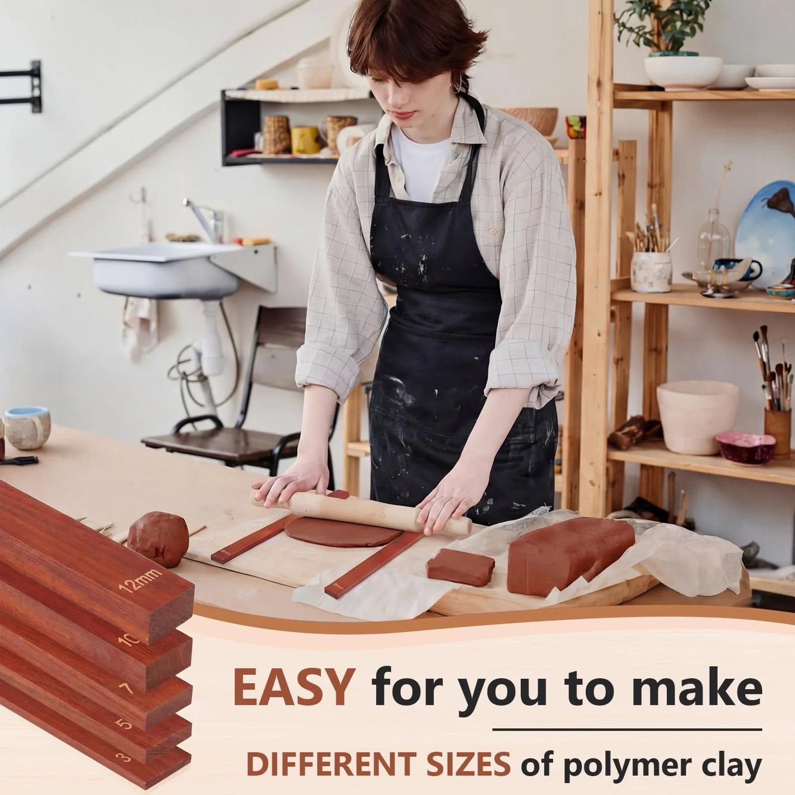 Sasylvia Reddish Brown Wood Clay Pottery Rolling Pin Guides Set (10 Pcs, 34cm / 13.4in) | 5 Thickness Sizes for Even Clay Slabs - view 5