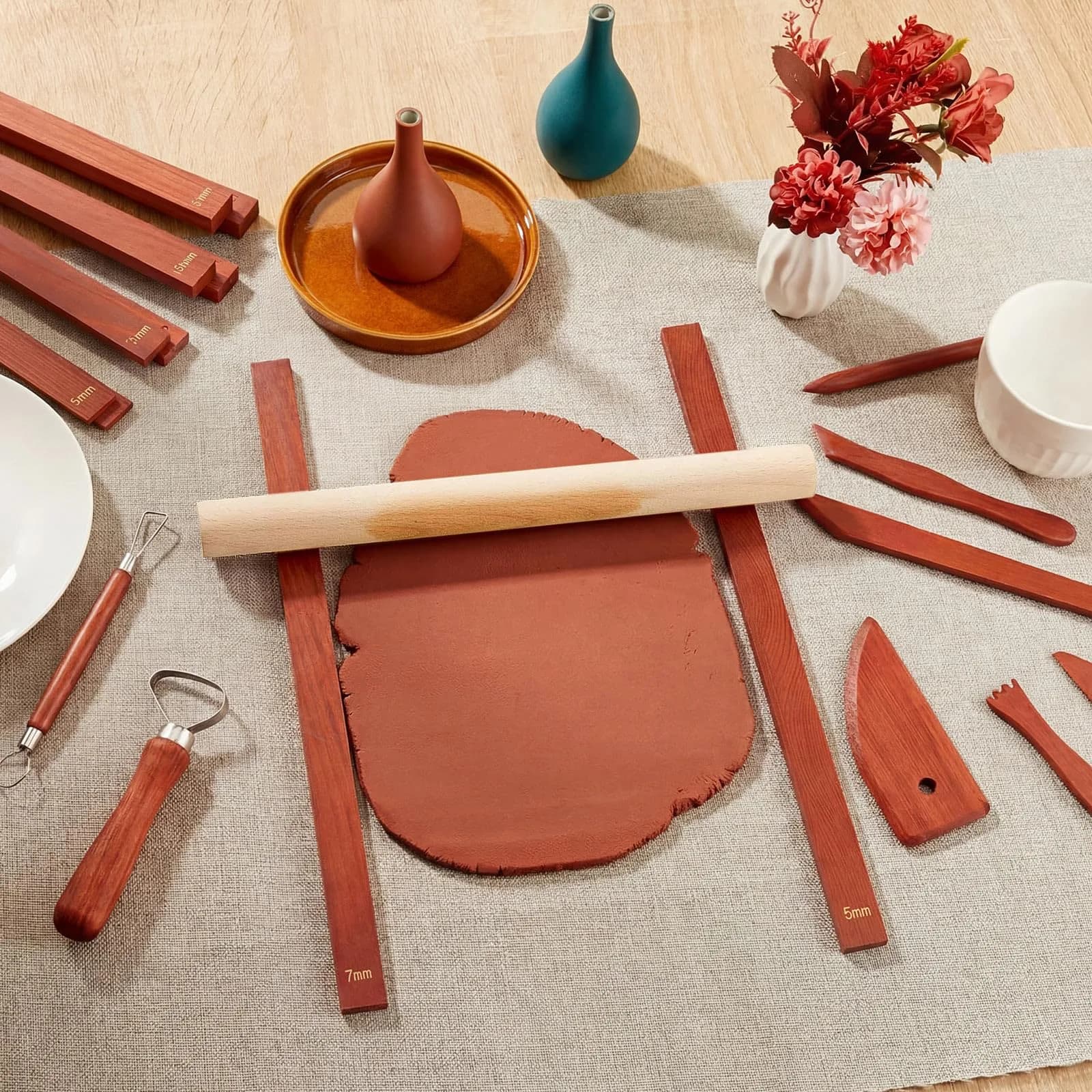 Sasylvia Reddish Brown Wood Clay Pottery Rolling Pin Guides Set (10 Pcs, 34cm / 13.4in) | 5 Thickness Sizes for Even Clay Slabs - view 7