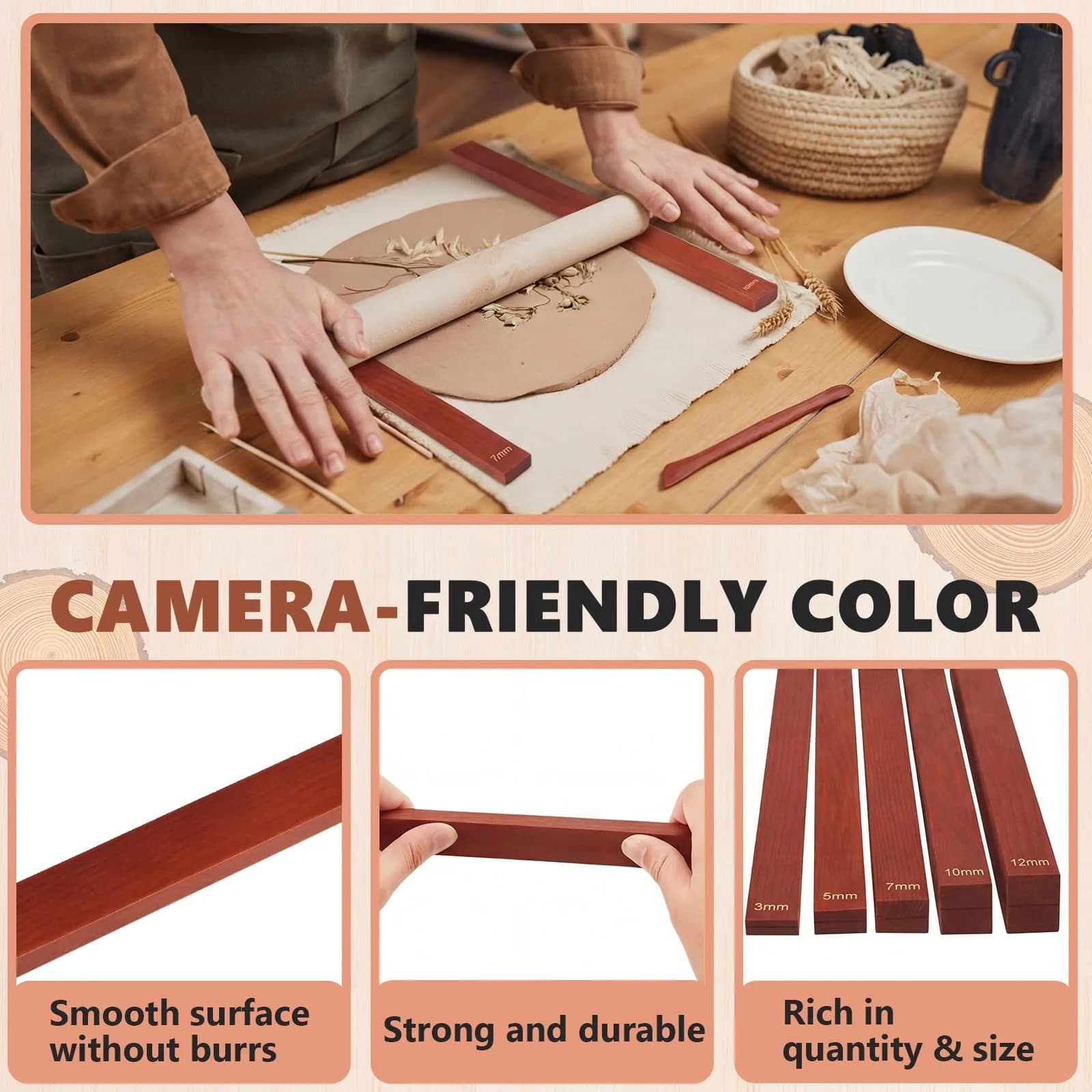 Sasylvia Reddish Brown 5 Size Standard Wood Clay Rolling Pin Guides for Sculpting - view 3
